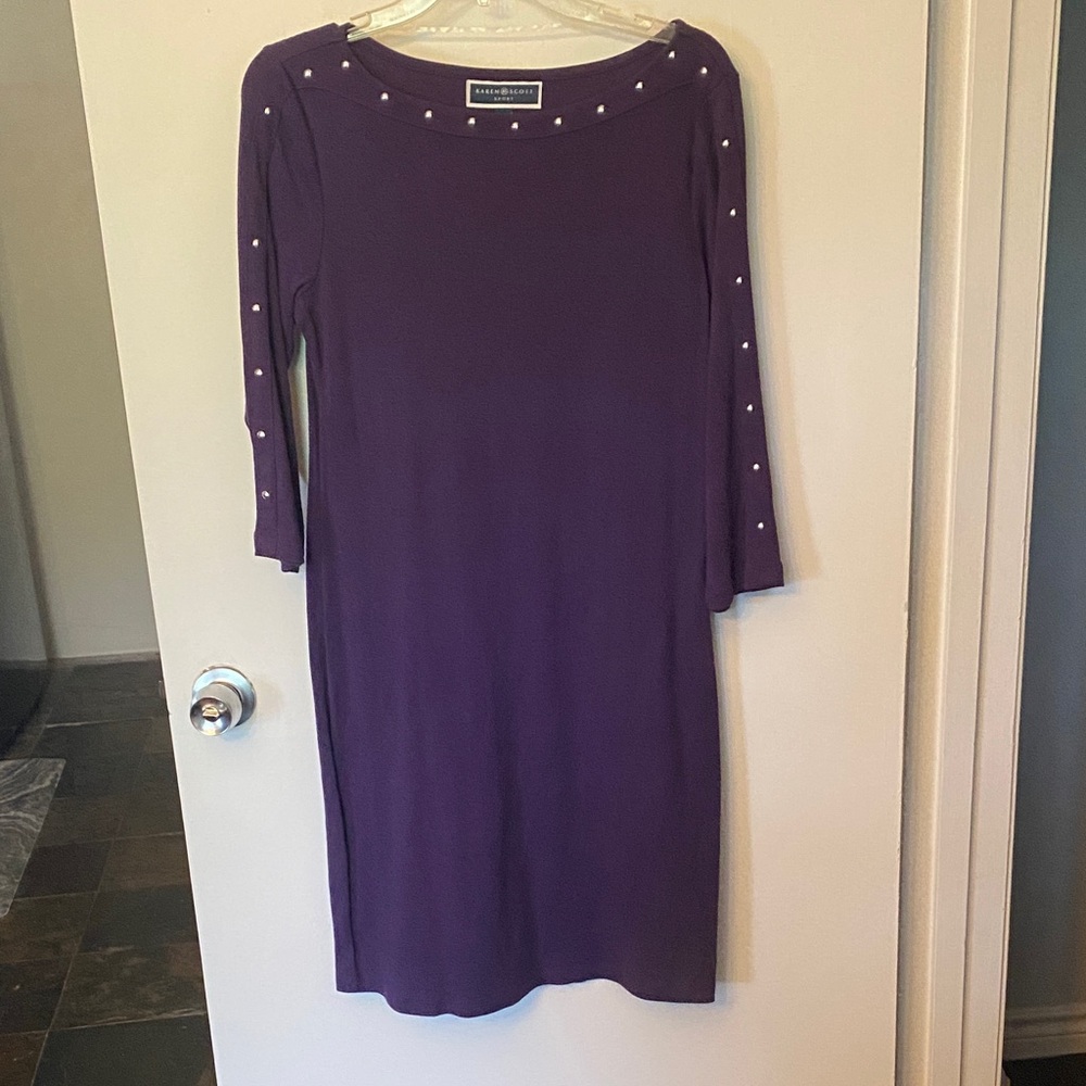 Karen Scott Purple Long Sleeve Dress with Beed Accents